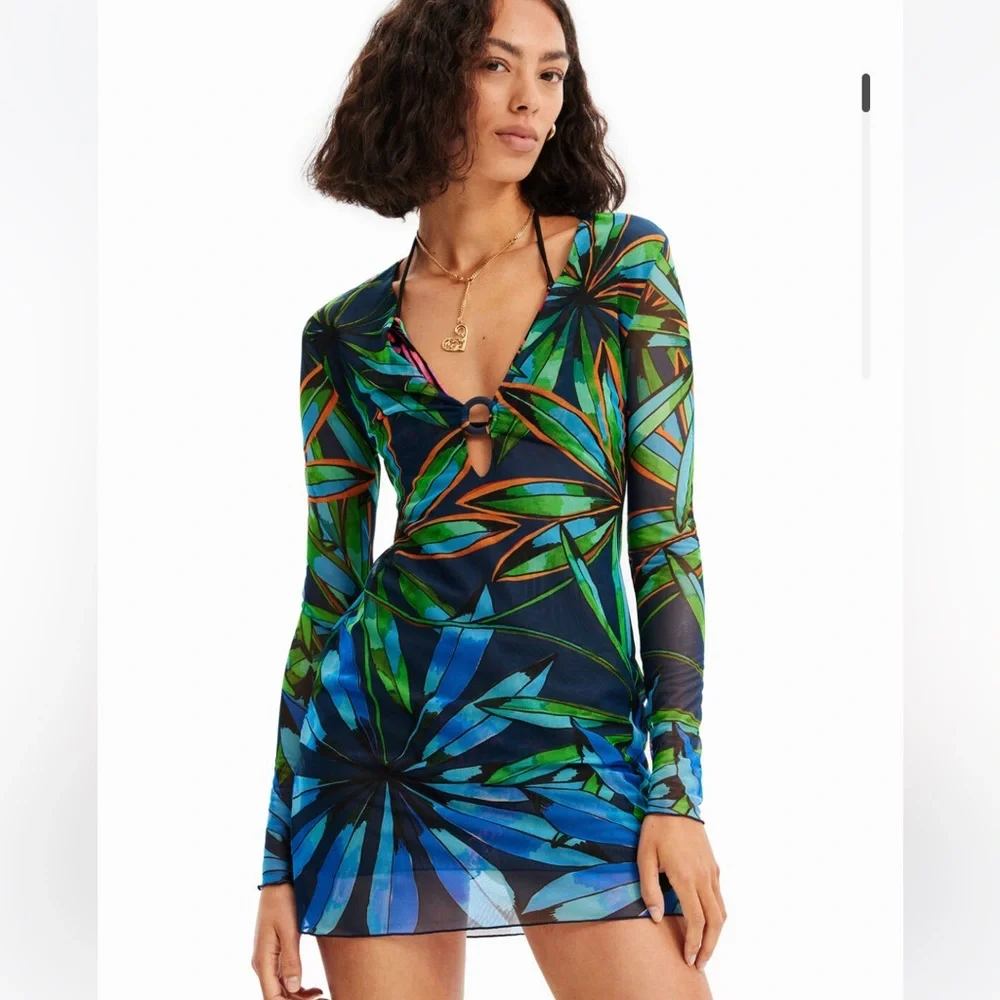 Disigual mesh tropical cut-out mini dress, size L, new